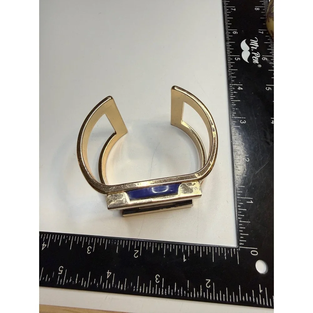 Chunky Gold Tone Cobalt Blue Resin Statement Cuff Bracelet Modern Open Cutout